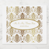 Gold Damask White Script Wedding Elegant Sparkling Wijnetiket (Enkel label)