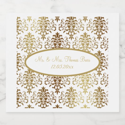 Gold Damask White Script Wedding Elegant Sparkling Wijnetiket (Enkel label)