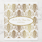 Gold Damask White Script Wedding Elegant Wijn Etiket (Enkel label)