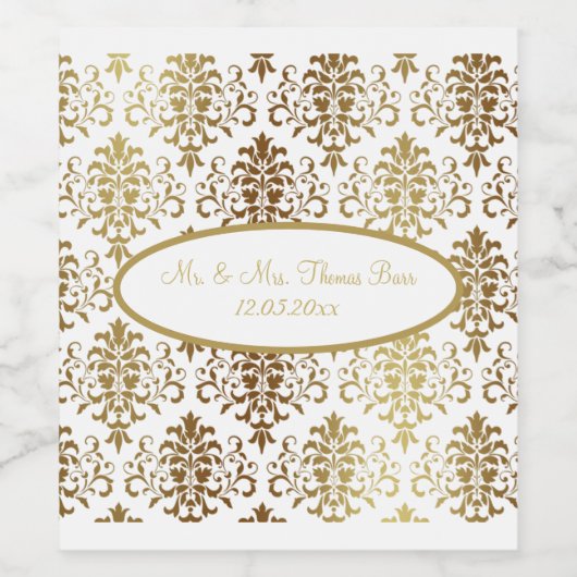 Gold Damask White Script Wedding Elegant Wijn Etiket (Enkel label)