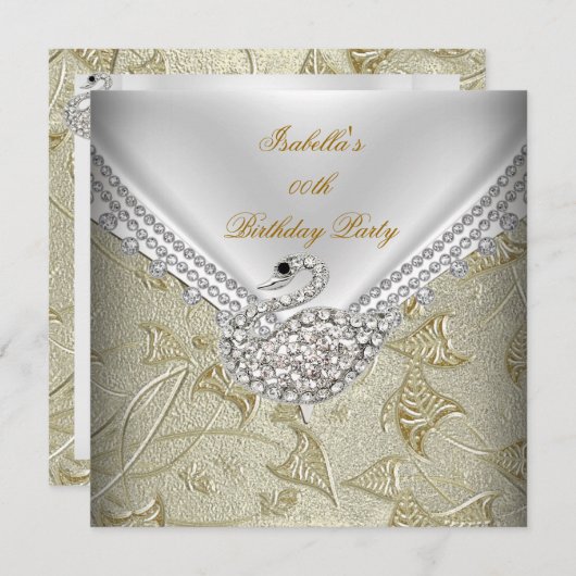 Gold Damask White Swan Elegant Birthday Party Kaart (Voorkant / Achterkant)