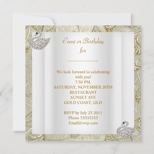Gold Damask White Swan Elegant Birthday Party Kaart (Achterkant)