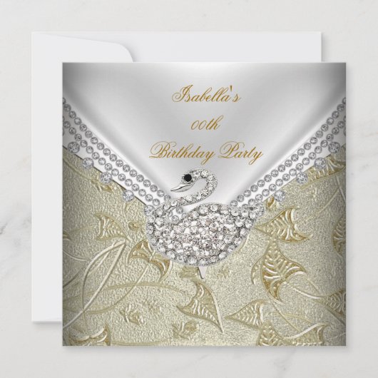 Gold Damask White Swan Elegant Birthday Party Kaart (Voorkant)