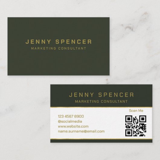 Gold dark green-minimalist QR-code Professional Visitekaartje (Voorkant / Achterkant)