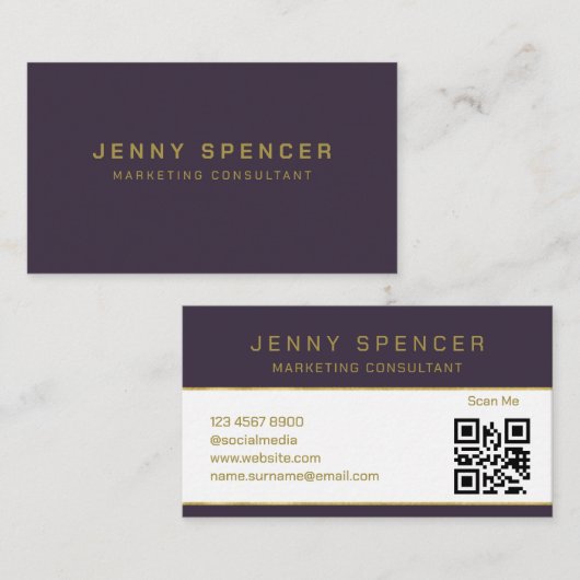 Gold dark Paars minimalist QR Code Professional Visitekaartje (Voorkant / Achterkant)