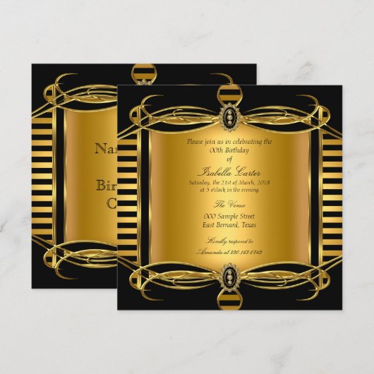 Gold Deco Black Stripe Pearl Birthday Party Kaart (Voorkant / Achterkant)