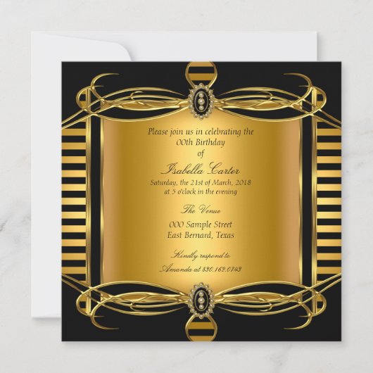 Gold Deco Black Stripe Pearl Birthday Party Kaart (Voorkant)