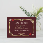 Gold Deep Burgundy Casino Vegas Poker Wedding Save The Date (Staand voorkant)