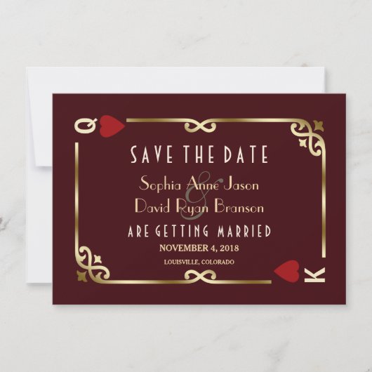 Gold Deep Burgundy Casino Vegas Poker Wedding Save The Date (Voorkant)