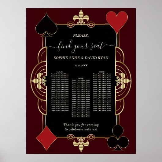 Gold Deep Burgundy Casino Wedding Seating Chart  Poster (Voorkant)