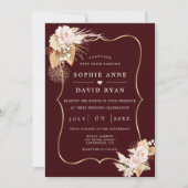 Gold Deep Burgundy Floral Fall All In One Wedding Kaart (Voorkant)