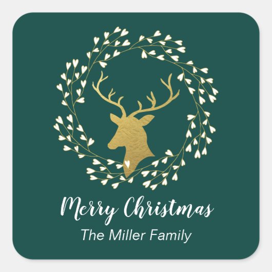 Gold Deer en Wreath | Kerstfeestdag ticker Vierkante Sticker (Voorkant)