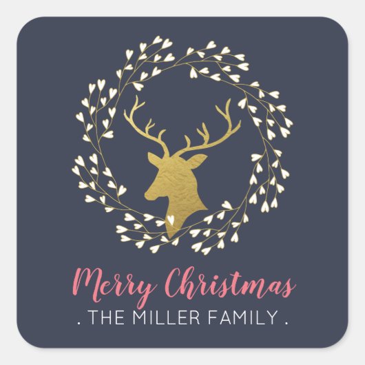 Gold Deer en Wreath | Kerstfeestdag ticker Vierkante Sticker (Voorkant)