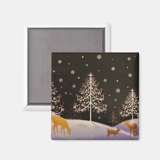 Gold  Deer Familie in Snowy Kerstbos Magneet (Voorkant / Achterkant)
