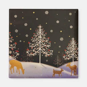 Gold  Deer Familie in Snowy Kerstbos Magneet