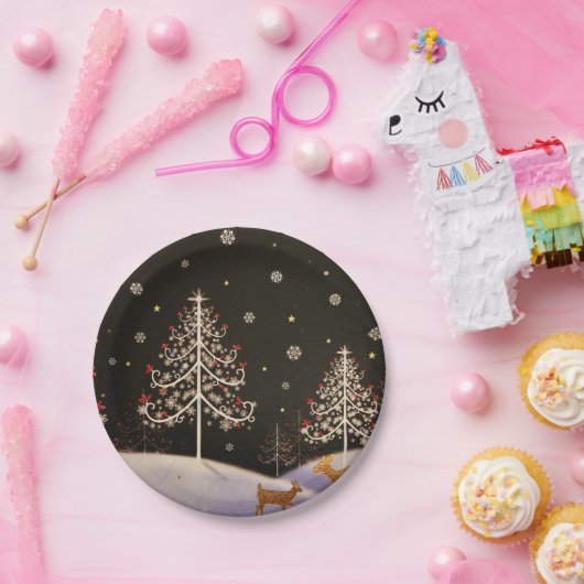 Gold  Deer Familie in Snowy Kerstbos Papieren Bordje (Feest)