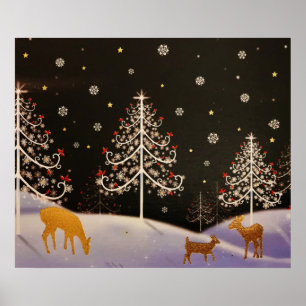 Gold  Deer Familie in Snowy Kerstbos Poster