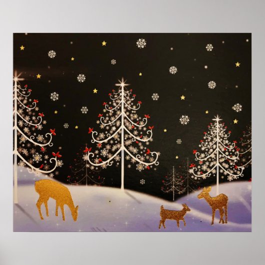 Gold  Deer Familie in Snowy Kerstbos Poster (Voorkant)