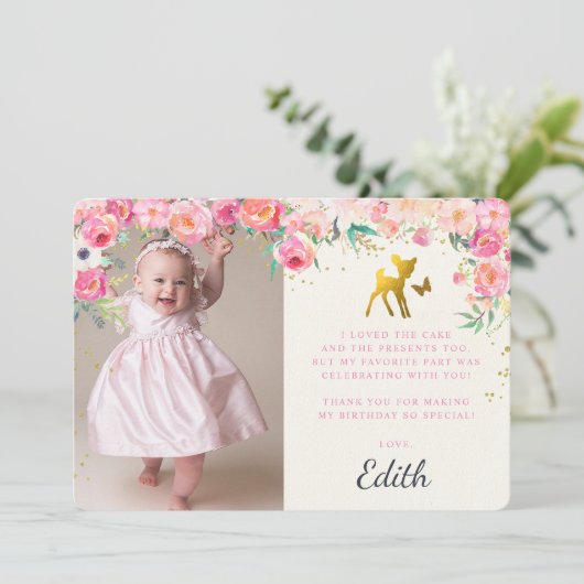 Gold Deer & Floral Foto Hartelijk dank Bedankkaart (Staand voorkant)