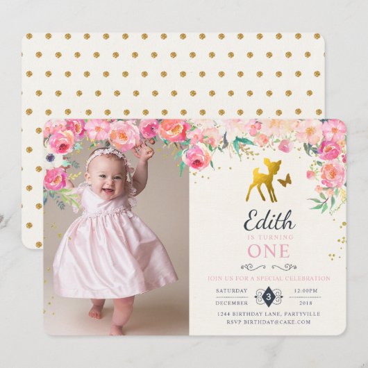 Gold Deer & Floral Photo Birthday Invitation Kaart (Voorkant / Achterkant)