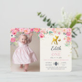Gold Deer & Floral Photo Birthday Invitation Kaart (Staand voorkant)