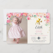 Gold Deer & Floral Photo Birthday Invitation Kaart (Voorkant)