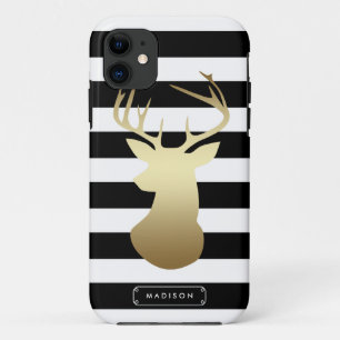 Gold Deer Head, zwart-witstrepen, speciaal ontwikk iPhone 11 Hoesje