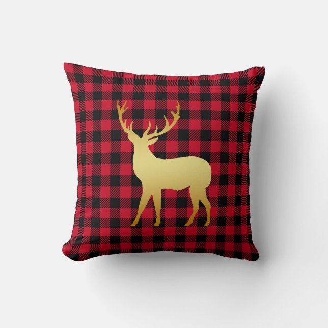 Gold Deer in Red Pset Rustic Kerstmis Kussen (Voorkant)