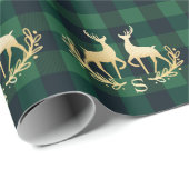 Gold Deer Monogram Groene Buffalo met kerstmis Cadeaupapier (Rol Hoek)