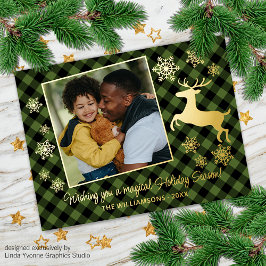 Gold Deer & Snowflakes Green Black Pset Pattern Folie Feestdagen Briefkaart