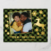 Gold Deer & Snowflakes Green Black Pset Pattern Folie Feestdagen Briefkaart (Voorkant)