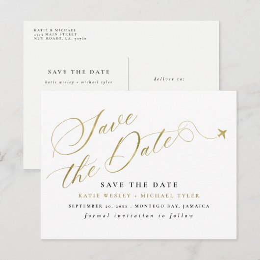 Gold Destination Wedding Save the Date Aankondigingskaart (Voorkant / Achterkant)