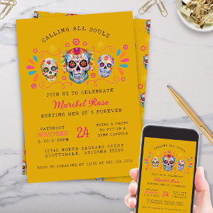 Gold Dia de los Muertos Schedel Verjaardagsfeest Kaart