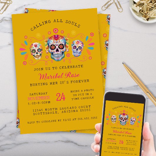 Gold Dia de los Muertos Schedel Verjaardagsfeest Kaart