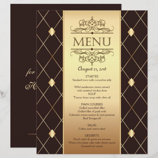 Gold diamantpatroon in het bruine Weddenmenu (Voorkant / Achterkant)