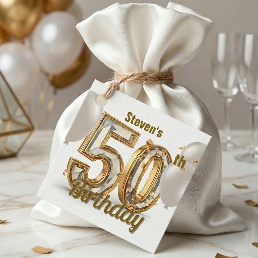Gold Diamond 50th Birthday White Balloons Bedankjes Labels