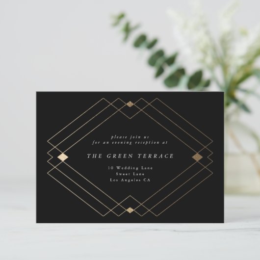 Gold Diamond Black Geometric Deco Gatsby Wedding Informatiekaartje (Staand voorkant)