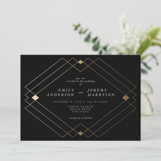 Gold Diamond Black Geometric Deco Gatsby Wedding Kaart (Staand voorkant)