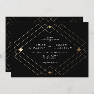 Gold Diamond Black Geometric Deco Gatsby Wedding Kaart