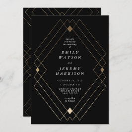 Gold Diamond Black Geometric Deco Gatsby Wedding Kaart