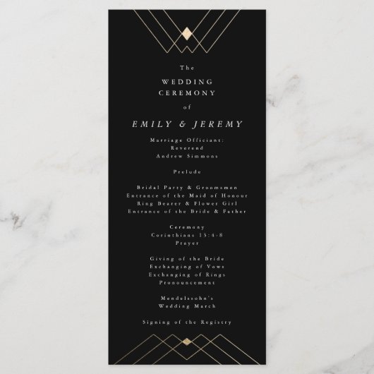 Gold Diamond Black Geometric Deco Gatsby Wedding Programmakaart (Voorkant)