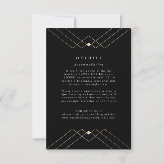 Gold Diamond Black Geometric Deco Gatsby Wedding RSVP Kaartje (Voorkant)