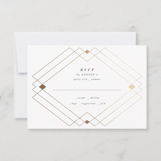 Gold Diamond Black Geometric Deco Gatsby Wedding RSVP Kaartje (Voorkant)
