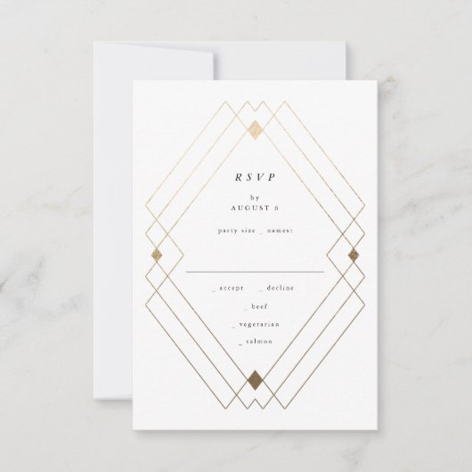 Gold Diamond Black Geometric Deco Gatsby Wedding RSVP Kaartje (Voorkant)