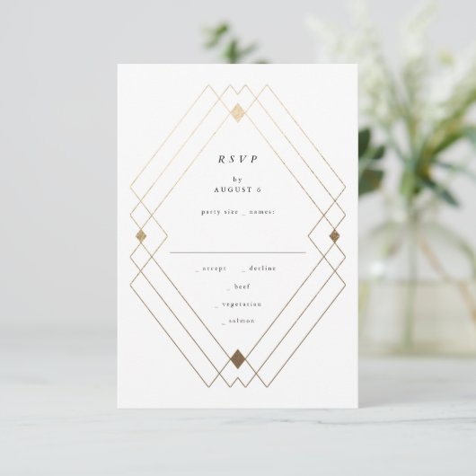 Gold Diamond Black Geometric Deco Gatsby Wedding RSVP Kaartje (Staand voorkant)