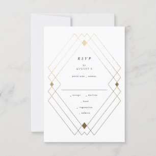 Gold Diamond Black Geometric Deco Gatsby Wedding RSVP Kaartje