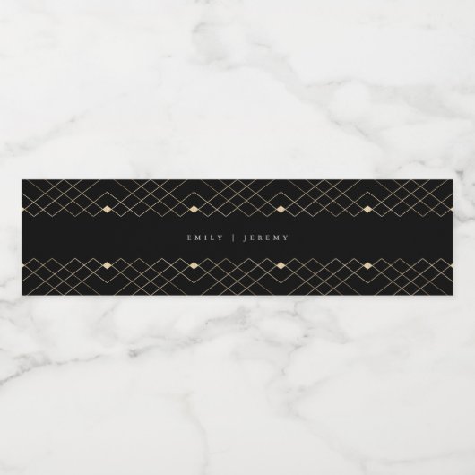 Gold Diamond Black Geometric Deco Gatsby Wedding Waterfles Etiket (Enkel label)