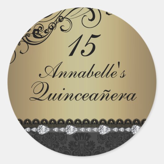 Gold Diamond & Damask Quinceanera Sticker (Voorkant)