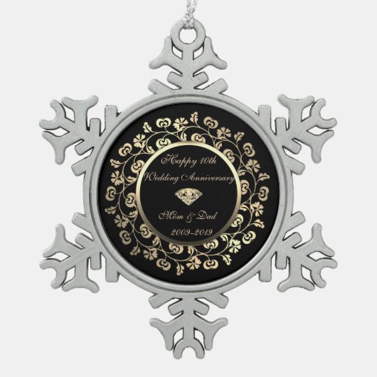 Gold Diamond, Floral 10th Wedding Jubileum Tin Sneeuwvlok Ornament (Voorkant)