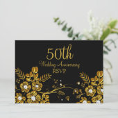 Gold Diamond Floral Swirl 50th Jubileum RSVP Kaart (Staand voorkant)